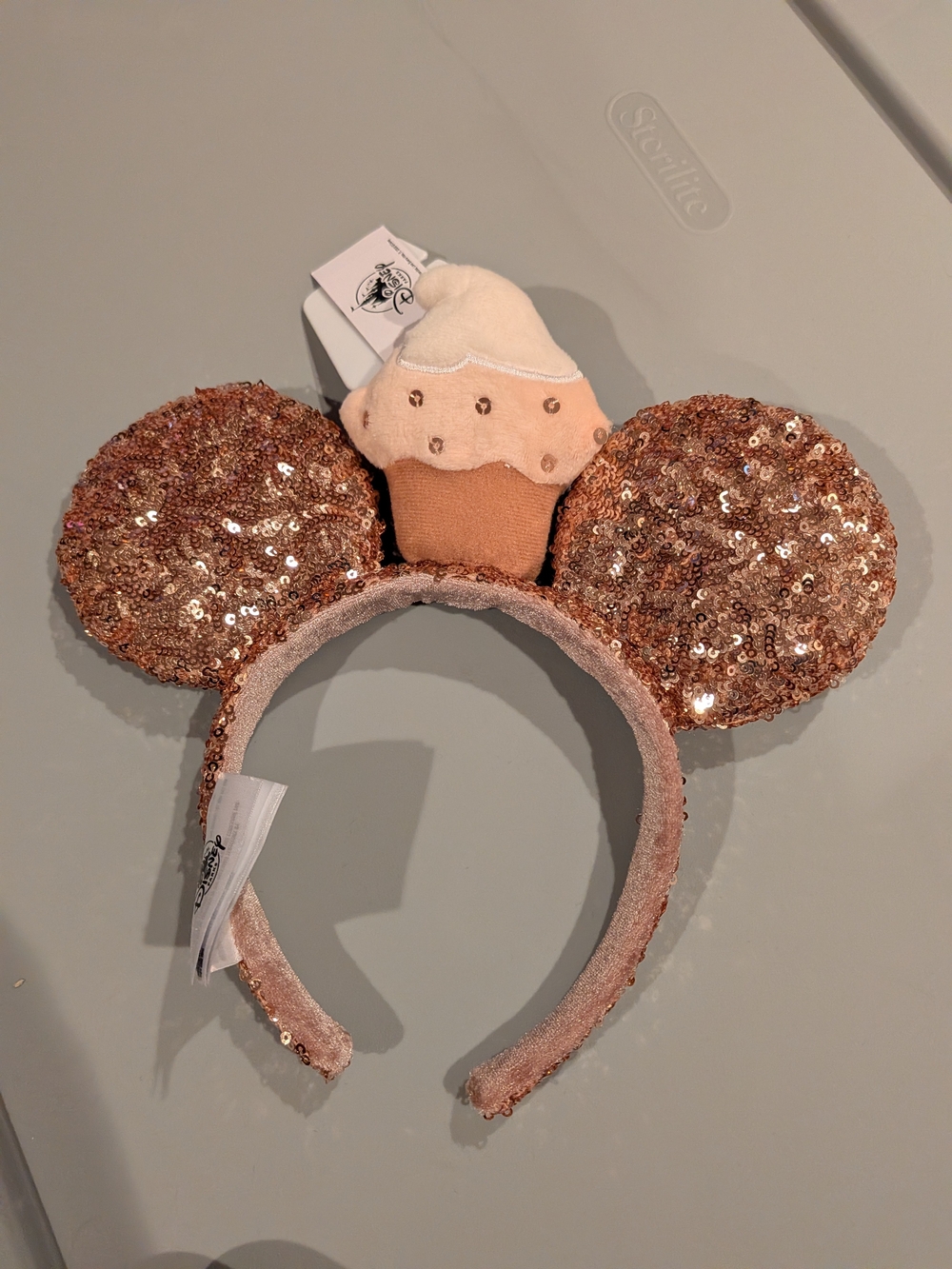Disney Rose Gold Sequin Minnie Ear Headband with Cupcake- Food And Wine Festival - Picture 2 of 2